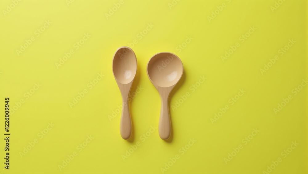 Two Wooden Spoons on Yellow Background Two Wooden Spoons on Yellow Background