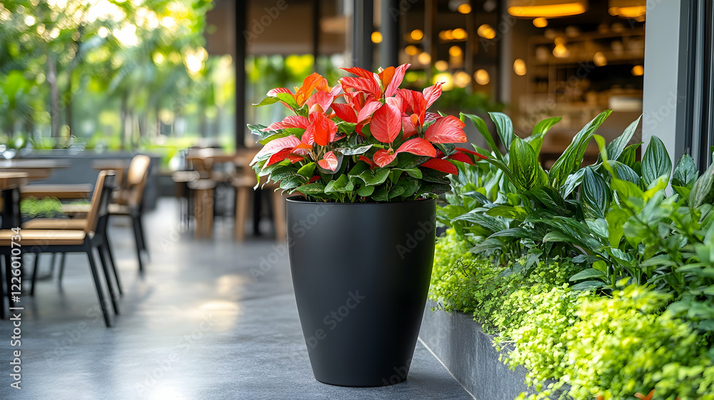 Red plant in black pot, outdoor cafe, green background, restaurant decor Red plant in black pot, outdoor cafe, green background, restaurant decor