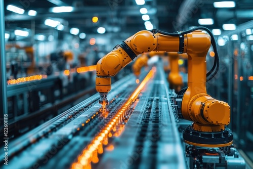 Robotic arm assembly line working on manufacturing processes in a modern factory