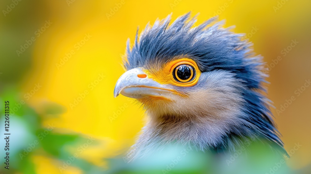 Fototapeta premium Colorful bird with blue spiky feathers and a bright yellow eye ring stands alert in a sunny garden.