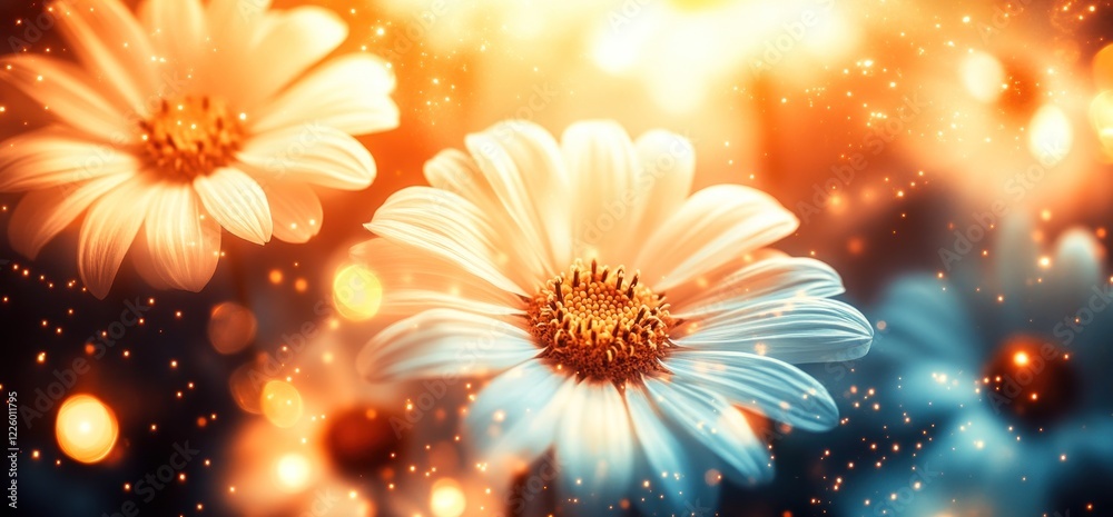 Magical daisies glowing, bokeh background, nature scene, design Magical daisies glowing, bokeh background, nature scene, design