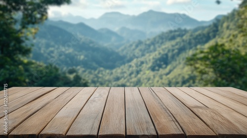 Wooden Table Front View with Scenic Mountain Background and Clear Blue Sky in a Summer Nature Setting