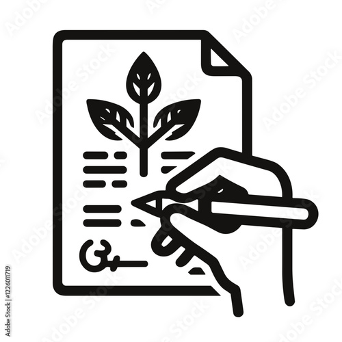 Hand signing an eco-friendly document with a plant symbol, representing sustainability and agreement with copy space