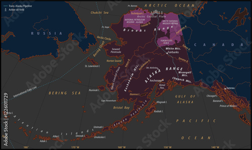 Vector political world map. North American continent with 
trans alaska pipeline, active oil field. 
Canada, russia, arctic ocean, pacific ocean,
bering sea, aleutian islands, alaska peninsula.