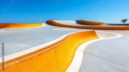 Zoomed-in capture of graffiti-covered concrete ramps, rich in abstract shapes and vivid colors, sunlit textures contrasting with blue sky photo