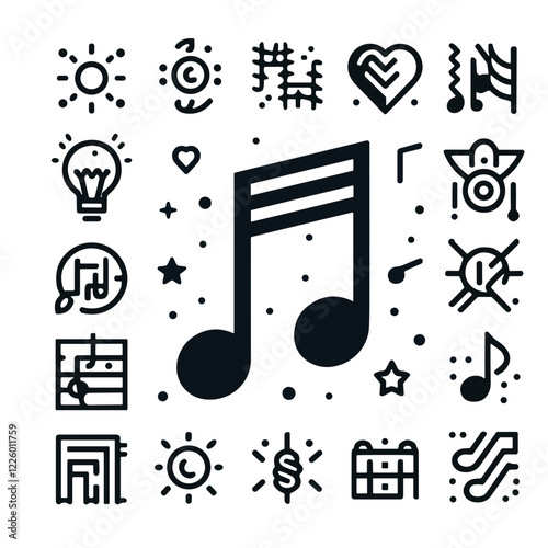 Collection of music icons featuring notes, symbols, and creativity elements, showcasing passion for music with copy space