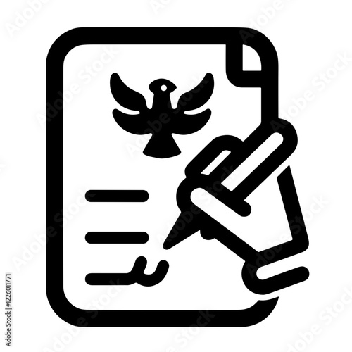Hand signing a document with an emblem, symbolizing approval and authority with copy space