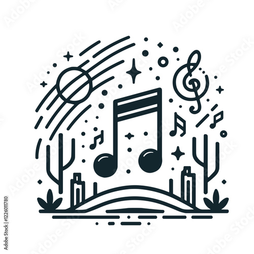 Musical landscape featuring notes and nature elements, symbolizing harmony and creativity with copy space