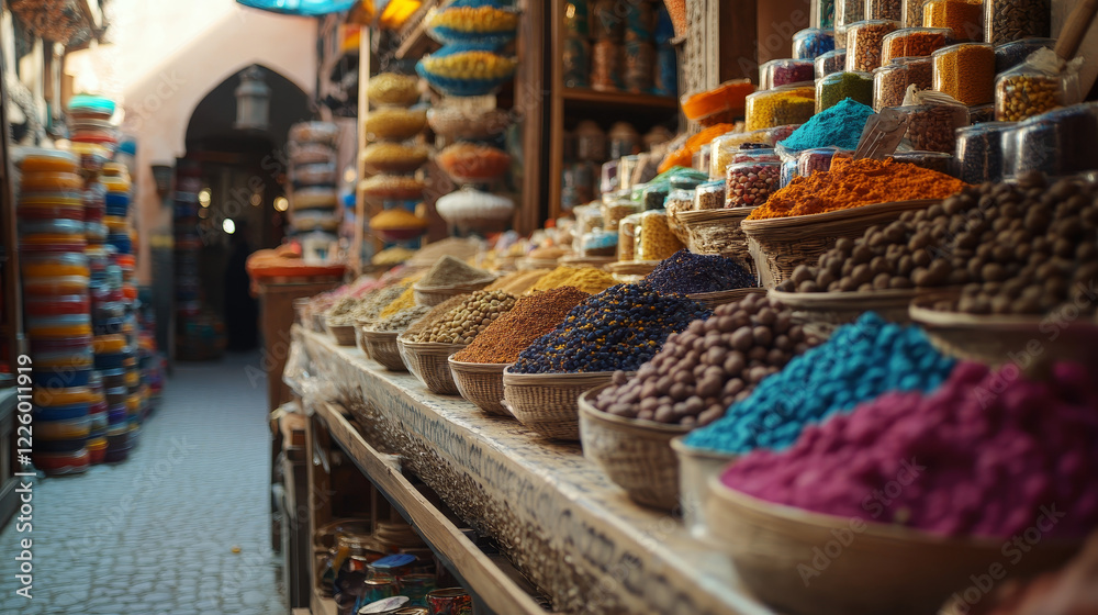 Fototapeta premium Vibrant Treasures: Colorful Spices and Dyes at the Souk Market