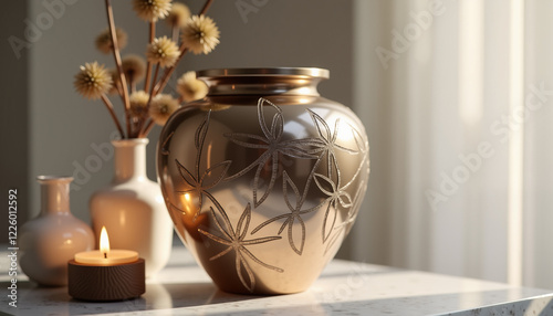 Decorative urn with floral design on marble table