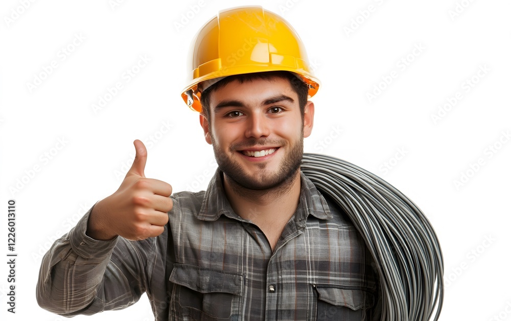 Smiling Electrician with Cable Coil Giving Thumbs Up Smiling Electrician with Cable Coil Giving Thumbs Up