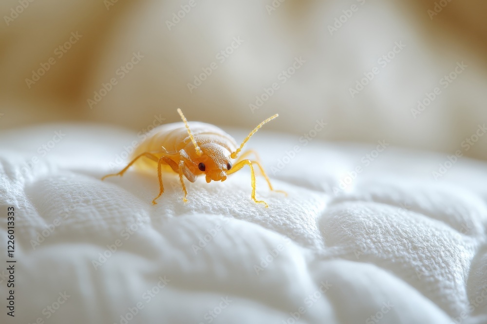 Small yellow bug crawls across a textured surface in a close-up view highlighting its features during daylight hours Small yellow bug crawls across a textured surface in a close-up view highlighting its features during daylight hours