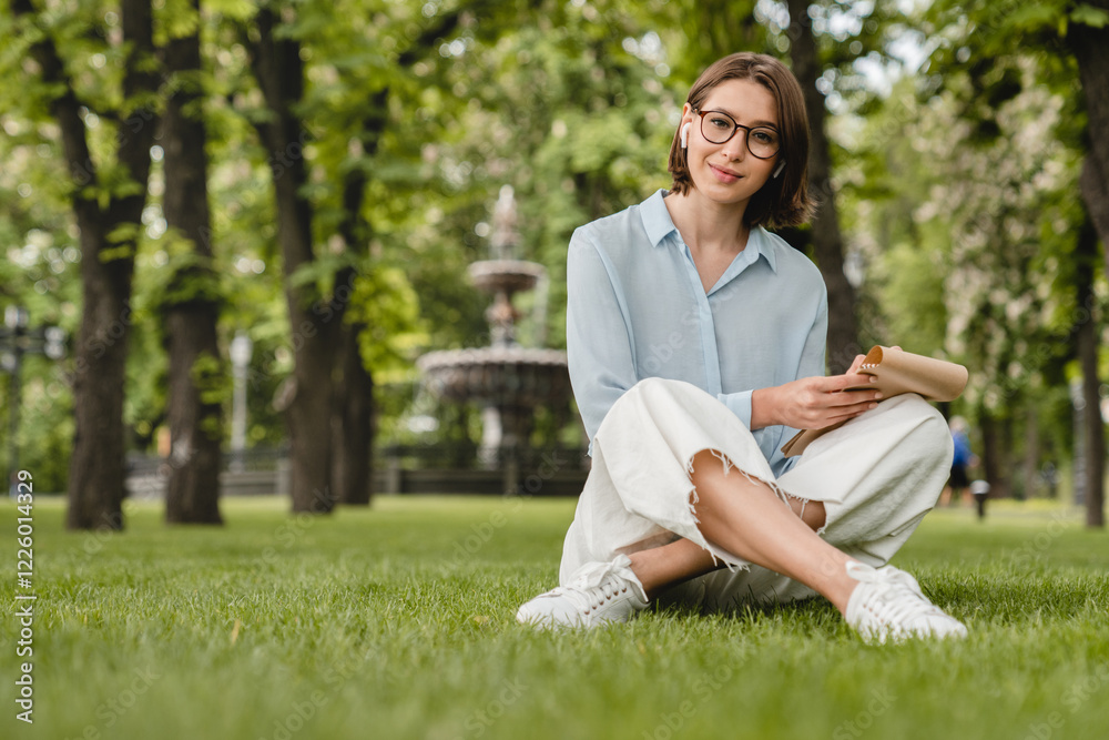 Fototapeta premium Young caucasian woman student freelancer taking notes, writing poems, preparing for educational exams relaxing on green grass lawn after classes at university college remotely.