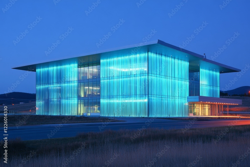 Obraz premium Modern architectural masterpiece illuminated by blue light at dusk in a scenic landscape