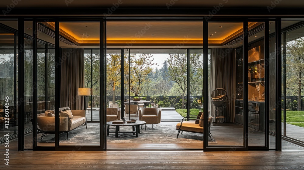 Obraz premium Modern Luxury Living Room with Stunning Garden View