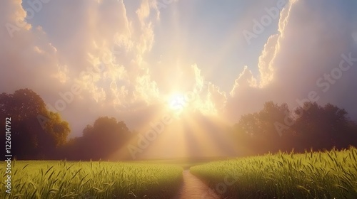 Fototapeta Golden Hour Sunset over Wheat Field Path