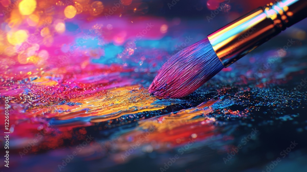 Fototapeta premium Close-up of a digital brush blending vibrant colors on a glowing tablet, AI-designed textures, ultra-realistic finish; modern tech style, crisp resolution