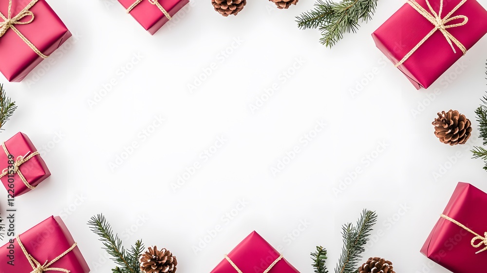 custom made wallpaper toronto digitalFestive Christmas Gift Frame, Red Presents, Pine Cones, and Fir Branches