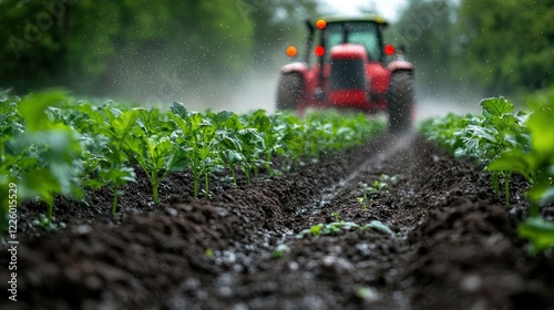 A Red Tractor Irrigates Lush Green Potato Plants on a Rainy Day