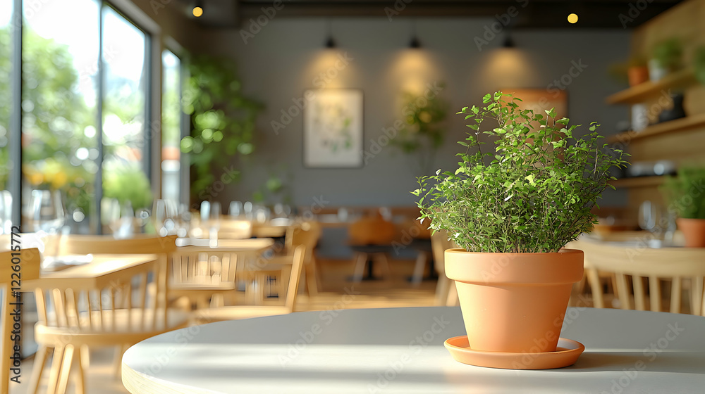 Fototapeta premium Restaurant interior, plant on table, sunny day, blurred background, food service
