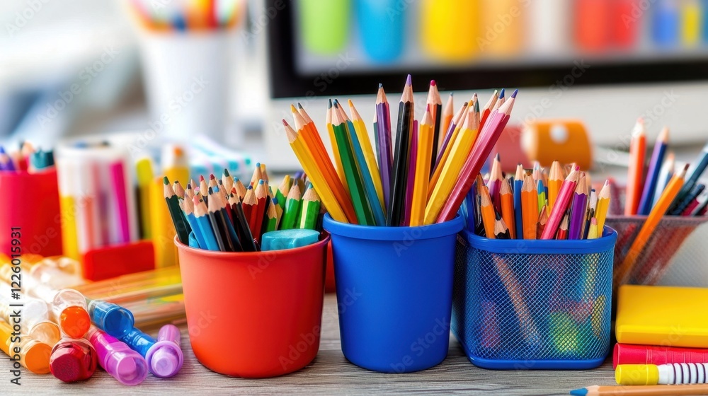 Obraz premium Educational materials neatly organized on a desk with a computer in the background.