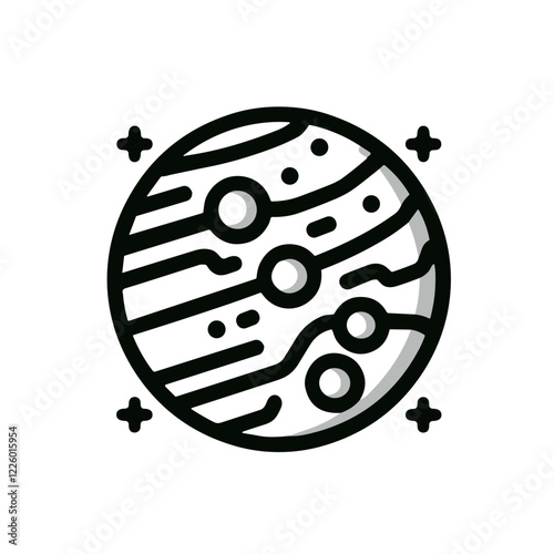 Stylized planet icon showcasing surface details and patterns, representing space exploration with copy space