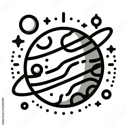 Stylized planet icon with rings and stars, representing cosmic beauty and exploration with copy space