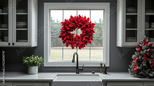 Red Poinsettia Christmas Wreath Kitchen Decor photo