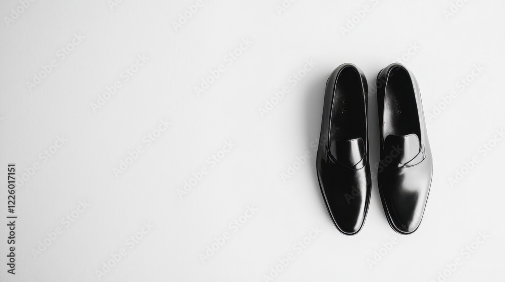 Minimalist black leather loafers, neatly displayed on a clean, white studio background. Minimalist black leather loafers, neatly displayed on a clean, white studio background.