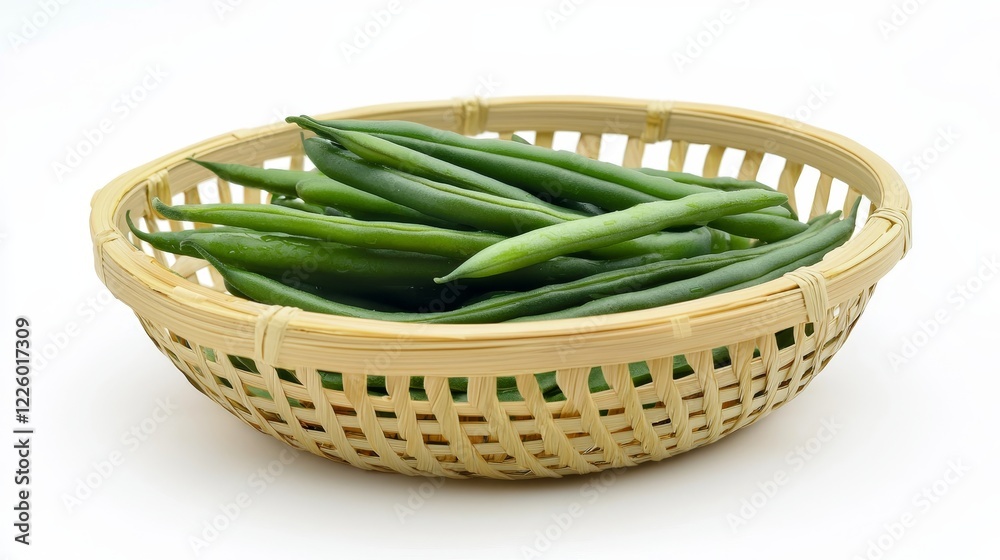 Close-up view of raw green beans, freshly trimmed, in a woven basket-style bowl, with subtle water droplets and natural shadows enhancing freshness Close-up view of raw green beans, freshly trimmed, in a woven basket-style bowl, with subtle water droplets and natural shadows enhancing freshness