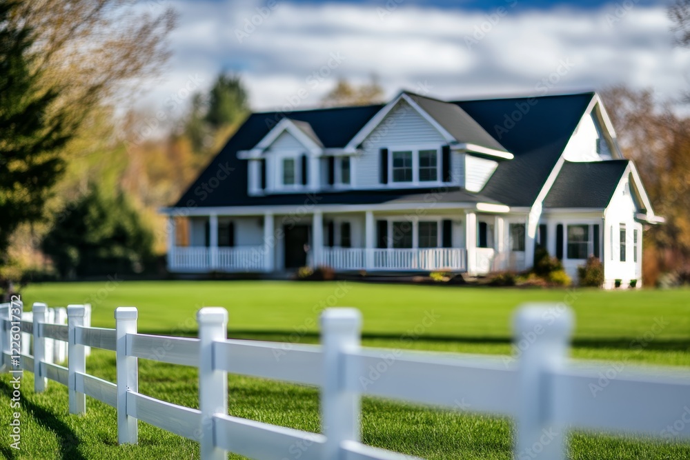 In Ennis, Texas, USA, a shallow depth of field captures a long white fence with the farmhouse and ranch in the background slightly out of focus. In Ennis, Texas, USA, a shallow depth of field captures a long white fence with the farmhouse and ranch in the background slightly out of focus.
