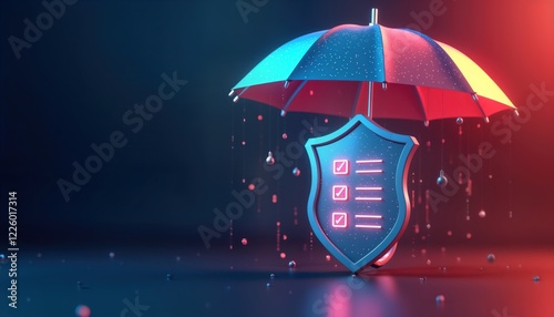 Futuristic tech insurance concept. Shield protected by umbrella. Checklist design. Modern tech design. Safe, secure cover. Safe policy. 3D illustration. Dark background. Digital plan. Covering needs.