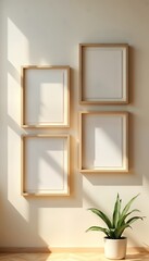 Wooden picture frames on light beige wall. Sunlight casts shadows on frames. Small potted plant in bottom right corner. Empty frames perfect for artwork photos. Versatile interior design concept.