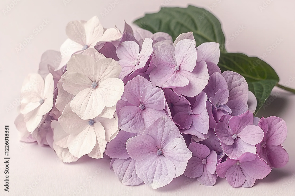 Fototapeta premium A delicate arrangement of pastel-colored hydrangea flowers on a soft background, showcasing their beauty