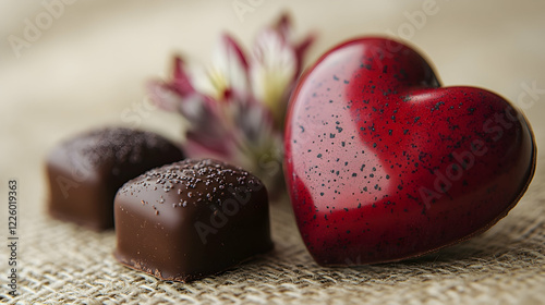 Romantic chocolate heart and bonbons on burlap, flower background; Valentine's Day gift photo