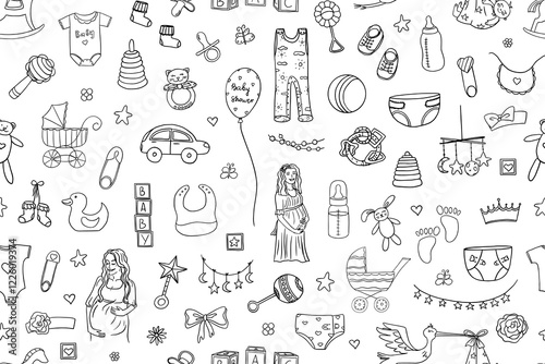 Seamless pattern of cute baby shower elements in doodle style. Baby boy and baby girl, happy mother, pregnant. Hand drawn. Great for invitation card, decoration party, design or advertising.