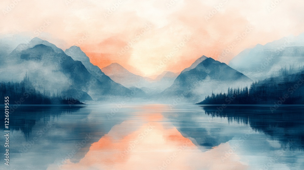 Fototapeta premium Serene Mountain Lake Sunset Reflection Landscape