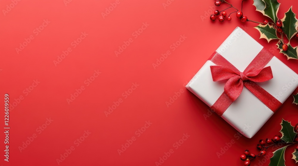 Festive Gift Box with Red Ribbon on Vibrant Red Background Surrounded by Holly and Berries for Holiday Celebration Festive Gift Box with Red Ribbon on Vibrant Red Background Surrounded by Holly and Berries for Holiday Celebration