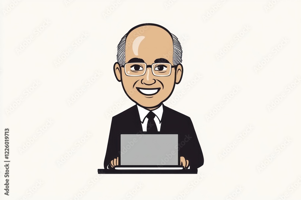 smiling elderly man in glasses working on laptop, cartoon illustration on white background. professional senior business concept. corporate career, old people using modern technologies and devices smiling elderly man in glasses working on laptop, cartoon illustration on white background. professional senior business concept. corporate career, old people using modern technologies and devices