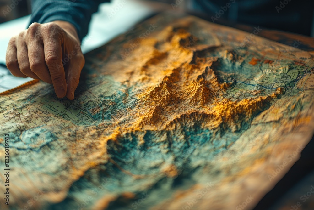 Exploring a detailed topographic map of mountains and valleys during a study session in a cozy indoor space Exploring a detailed topographic map of mountains and valleys during a study session in a cozy indoor space