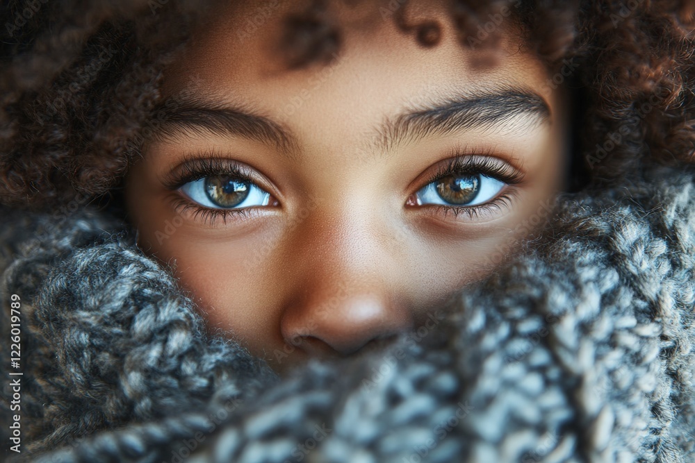 Captivating close-up of a child’s expressive eyes framed by a cozy scarf in a chilly outdoor setting during autumn Captivating close-up of a child’s expressive eyes framed by a cozy scarf in a chilly outdoor setting during autumn