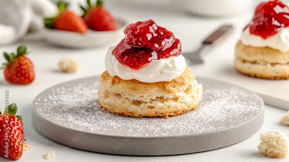 Close-up of a fluffy scone topped with vibrant strawberry jam and thick clotted cream, with crumbs and a butter knife in the background, dessert styling concept Close-up of a fluffy scone topped with vibrant strawberry jam and thick clotted cream, with crumbs and a butter knife in the background, dessert styling concept