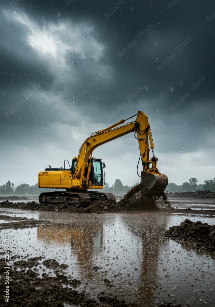 Heavy-duty excavator operating under intense rain at a muddy site. Heavy-duty excavator operating under intense rain at a muddy site.