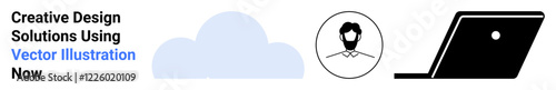 Cloud icon, user avatar, and laptop convey technology, remote work, digital tools, connectivity, data security, user interfaces collaboration. Ideal for branding IT workflows tech adoption