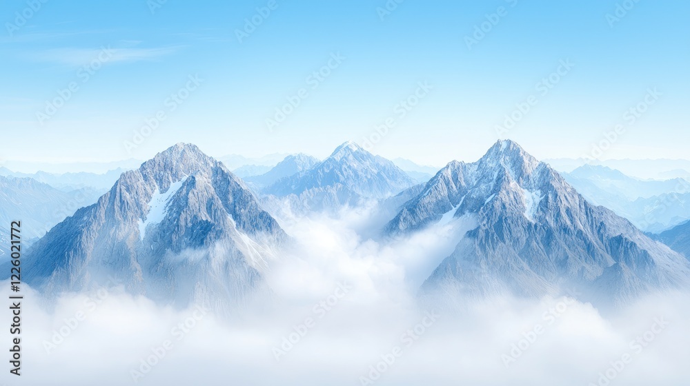 Majestic mountain peaks above clouds, serene landscape, aerial view, nature backdrop Majestic mountain peaks above clouds, serene landscape, aerial view, nature backdrop