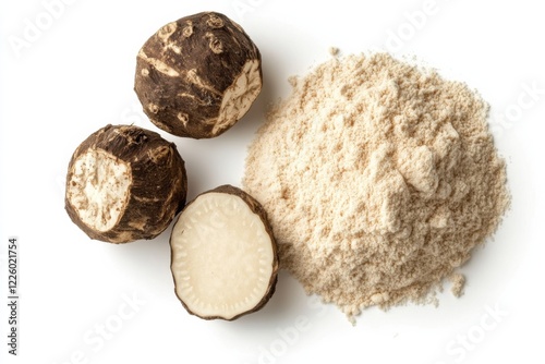 Fresh konjac root powder mound, minimalist style, white background, dietary supplement concept photo