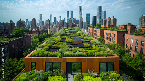 Rooftop garden, city skyline view, green infrastructure, urban sustainability, environmental design,  New York City photo