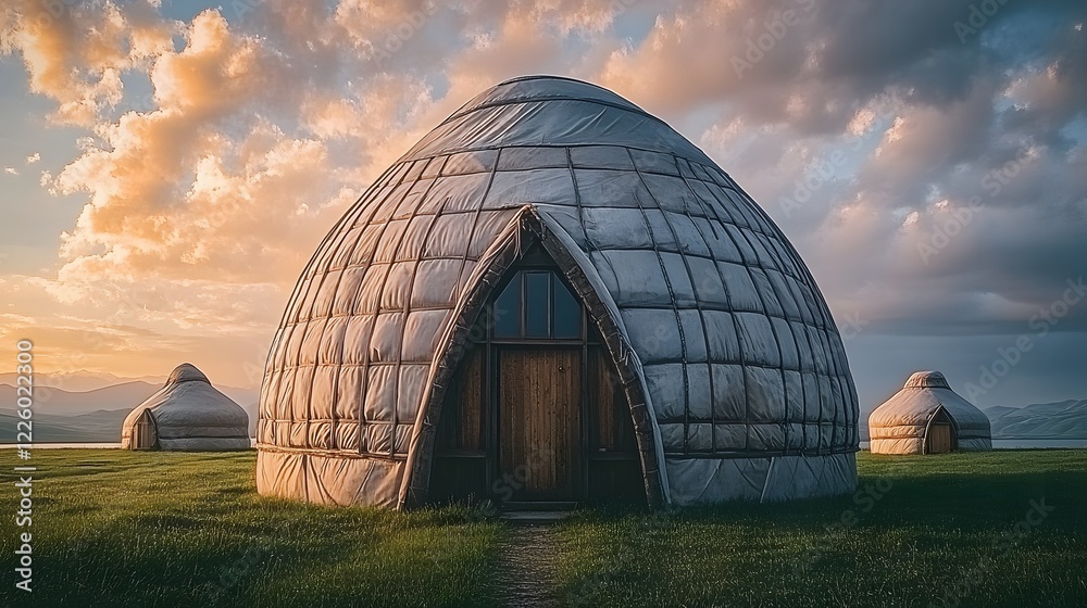 Fototapeta premium Stunning Sunset over Modern Yurt Village in Scenic Landscape