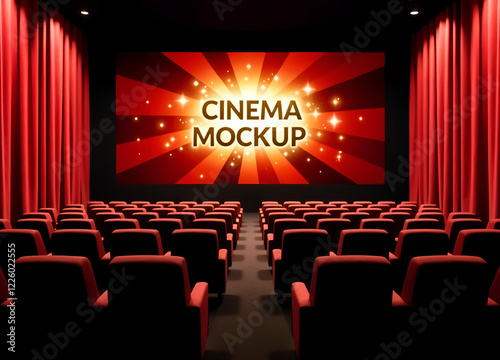 An empty cinema with red seats, a large screen displaying a Cinema Mockup title card with a ray burst design, and red velvet curtains.