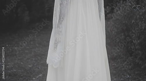 Elegant White Lace Wedding Dress Detail Outdoor Photo